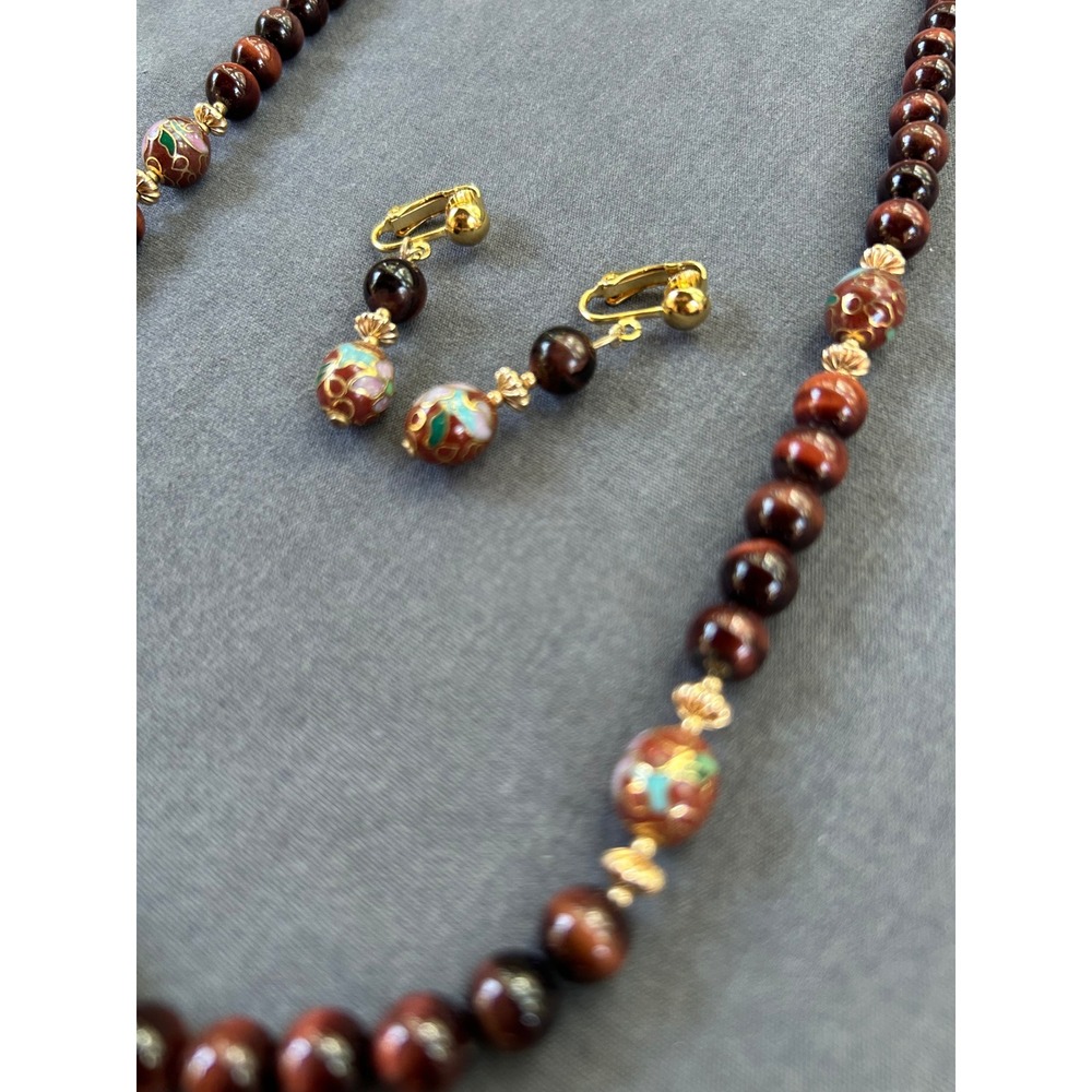 Vintage Tiger Eye and Cloisonne Bead Necklace and Clip On Earring Set Brown